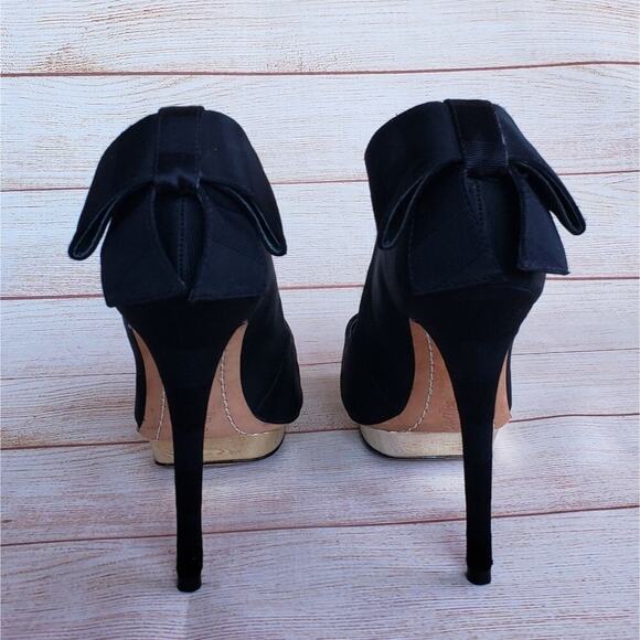 Alice + Olivia by Stacey Bendet Black Faille Fabric Platform Heels Bow Pumps - Picture 4 of 16